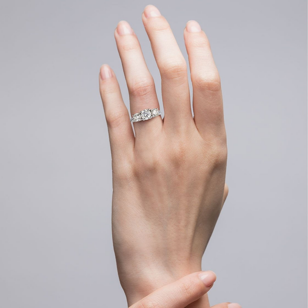 2 CTW AGI Certified Lab Grown Diamond (G-VS) Three Stone Engagement Ring in Choice of 14K Yellow or 14k White Gold