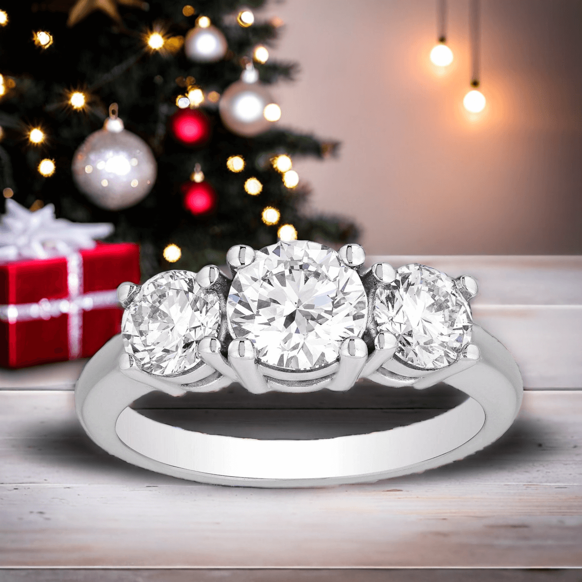2 CTW AGI Certified Lab Grown Diamond (G-VS) Three Stone Engagement Ring in Choice of 14K Yellow or 14k White Gold