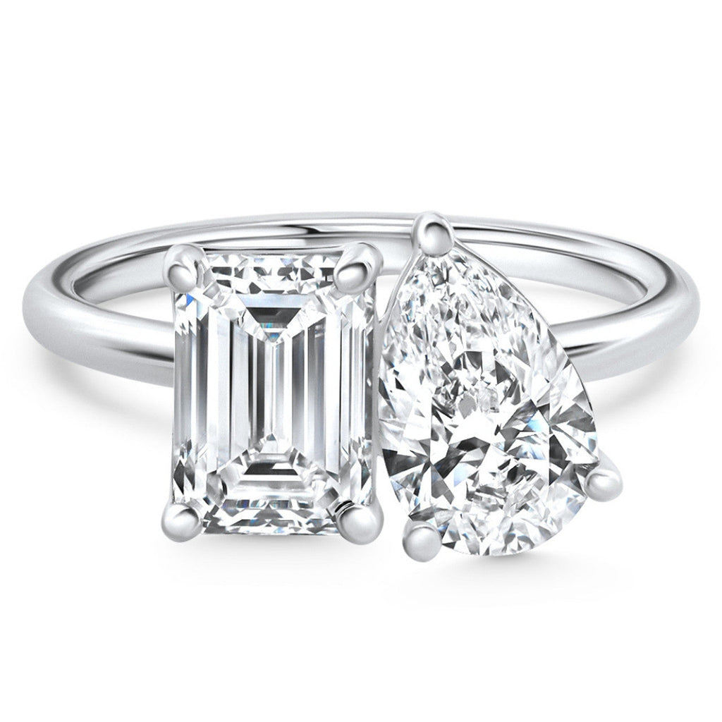 AGI Certified 3.50 CTW Toi Et Moi Lab Grown Diamond Ring in Pear & Emerald Cut 14K White Gold