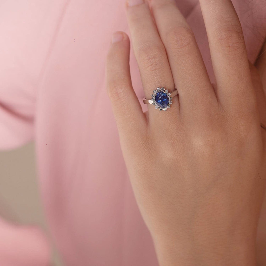 Princess Diana Inspired 3.00CTW AGI Certified G/VS Lab-Grown Sapphire and Diamond Halo Ring in 14K White Gold