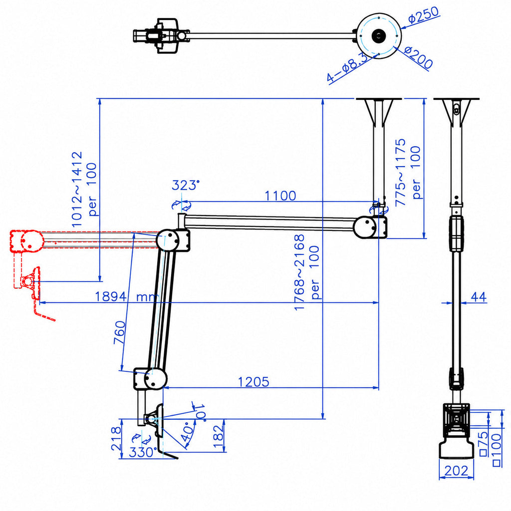 DC982CA Extra Long Ceiling Monitor Arm Adjustable 74 inch extension