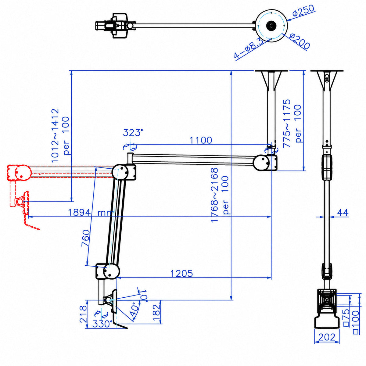 DC982CA Extra Long Ceiling Monitor Arm Adjustable 74 inch extension