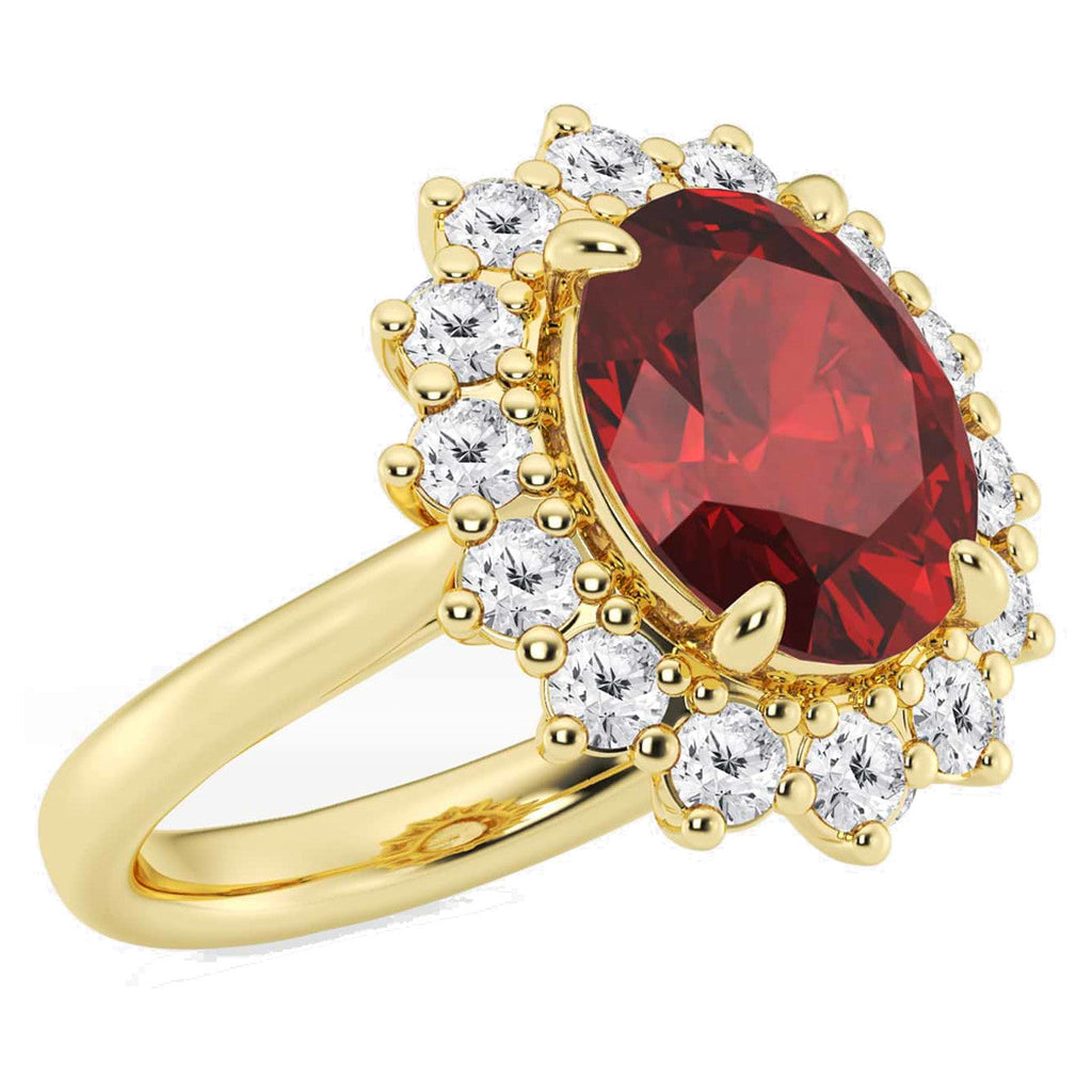 AGI Certified 3CTW Oval Lab Ruby Princess Diana Engagement Ring With Lab Diamond Halo in Choice of 14K White or Yellow Gold – 9x7mm