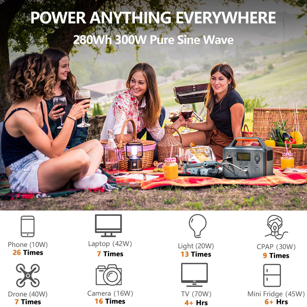 ALLWEI Portable Power Station 300W, 280Wh Solar Generator with 110V Pure Sine Wave AC Outlet, Backup Lithium Battery Generator for CPAP Outdoor RV Camping Emergency Home Use